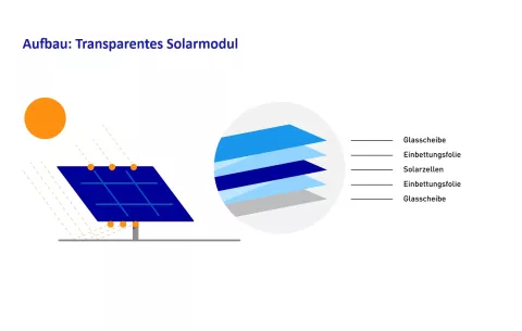 Die Grafik zeigt den Aufbau eines transparenten Solarmoduls mit seinen verschiedenen Schichten.
